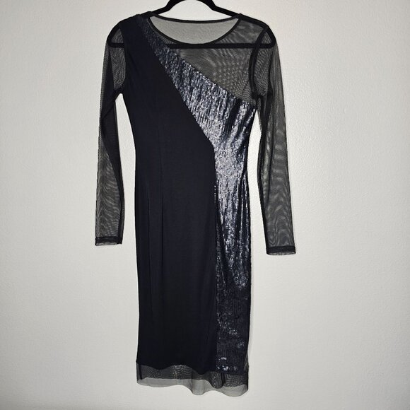 BCBGMaxAzria XXS Black Blaine Dress Mesh Sequins Midi Going Out Bodycon Club - Picture 4 of 7